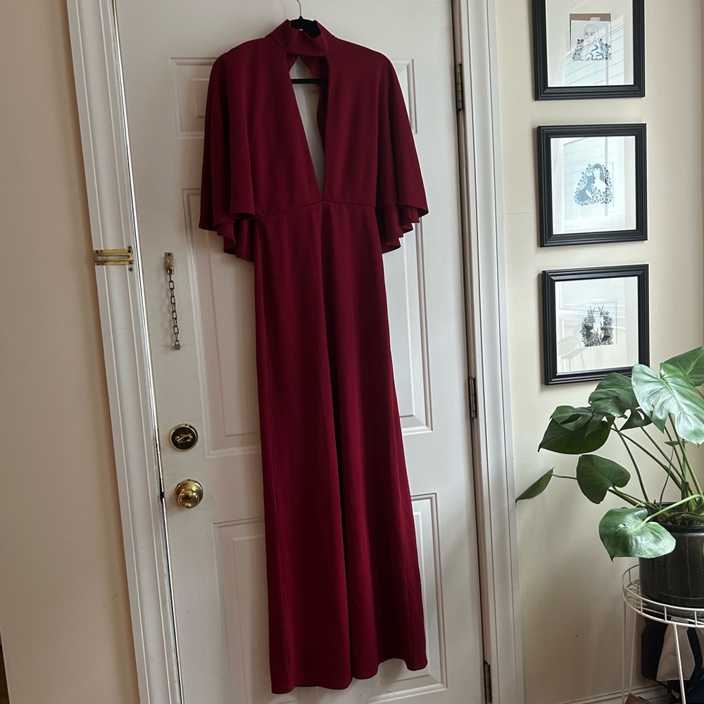 ASOS floor length red crepe plunge neckline dress with cape effect